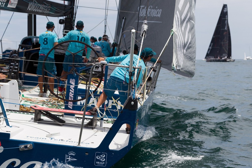 Team Telefonica, skippered by Iker Martinez from Spain, looking for breeze, at the start of leg 7 from Miami, USA to Lisbon, Portugal, during the Volvo Ocean Race 2011-12. (Credit: IAN ROMAN/Volvo Ocean Race) © Ian Roman/Volvo Ocean Race http://www.volvooceanrace.com