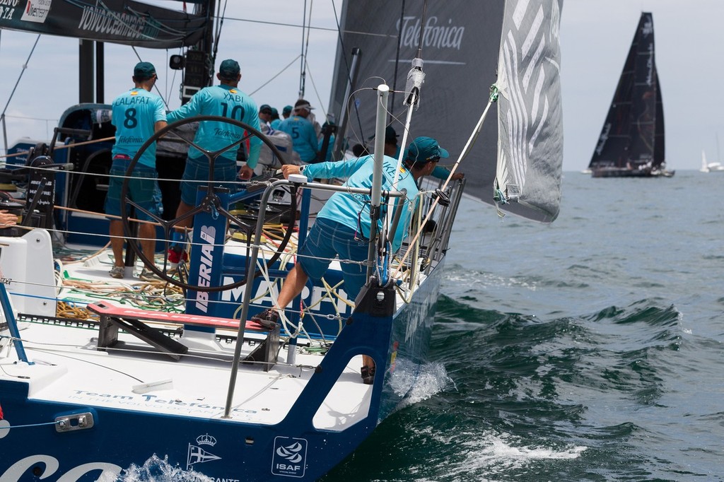 Team Telefonica, skippered by Iker Martinez from Spain, looking for breeze, at the start of leg 7 from Miami, USA to Lisbon, Portugal, during the Volvo Ocean Race 2011-12. (Credit: IAN ROMAN/Volvo Ocean Race) photo copyright Ian Roman/Volvo Ocean Race http://www.volvooceanrace.com taken at  and featuring the  class