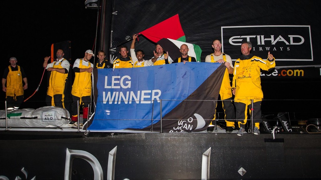 Abu Dhabi Ocean Racing, skippered by Ian Walker from the UK celebrate finishing first on leg 7, from Miami, USA to Lisbon, Portugal, during the Volvo Ocean Race 2011-12. (Credit: IAN ROMAN/Volvo Ocean Race) photo copyright Ian Roman/Volvo Ocean Race http://www.volvooceanrace.com taken at  and featuring the  class