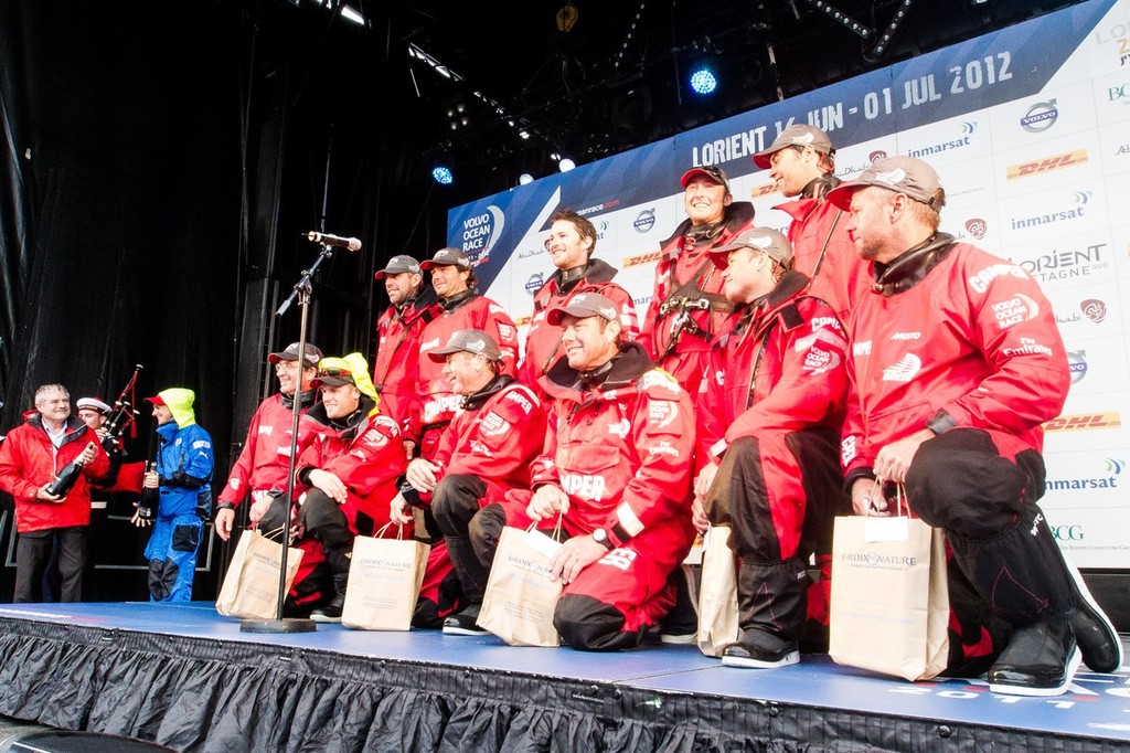 CAMPER with Emirates Team New Zealand, skippered by Chris Nicholson from Australia, celebrate after taking second place on leg 8, from Lisbon, Portugal to Lorient, France, during the Volvo Ocean Race 2011-12. (IAN ROMAN/Volvo Ocean Race) photo copyright Ian Roman/Volvo Ocean Race http://www.volvooceanrace.com taken at  and featuring the  class