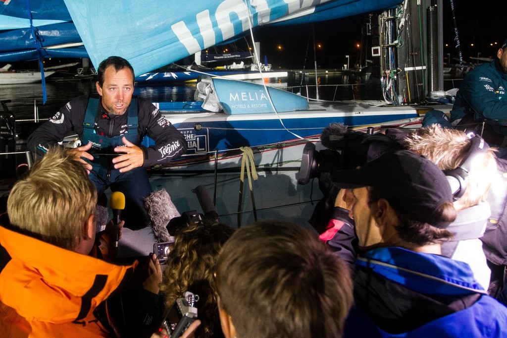 Team Telefonica, skippered by Iker Martinez from Spain pull into the dock at the finish of leg 8, from Lisbon, Portugal, to Lorient, France, during the Volvo Ocean Race 2011-12. (Credit: IAN ROMAN/Volvo Ocean Race) photo copyright Ian Roman/Volvo Ocean Race http://www.volvooceanrace.com taken at  and featuring the  class