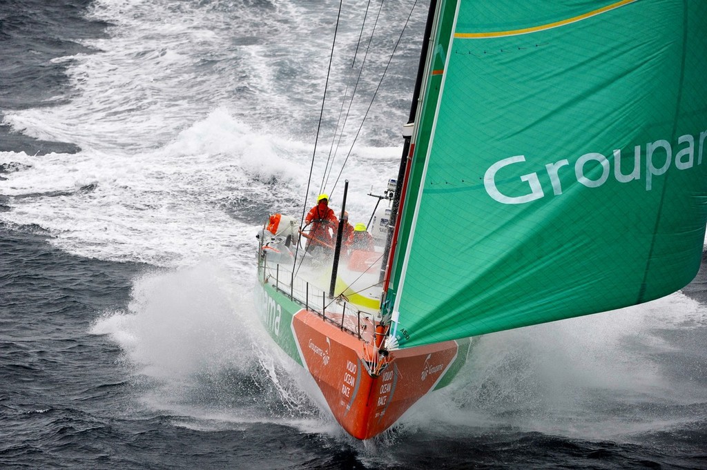 Race leaders Groupama Sailing Team, skippered by Franck Cammas from France, lead the fleet at full speed, on the approach to the finish of leg 8, from Lisbon, Portugal, to Lorient, France, during the Volvo Ocean Race 2011-12. (Credit: PAUL TODD/Volvo Ocean Race) photo copyright Paul Todd/Volvo Ocean Race http://www.volvooceanrace.com taken at  and featuring the  class