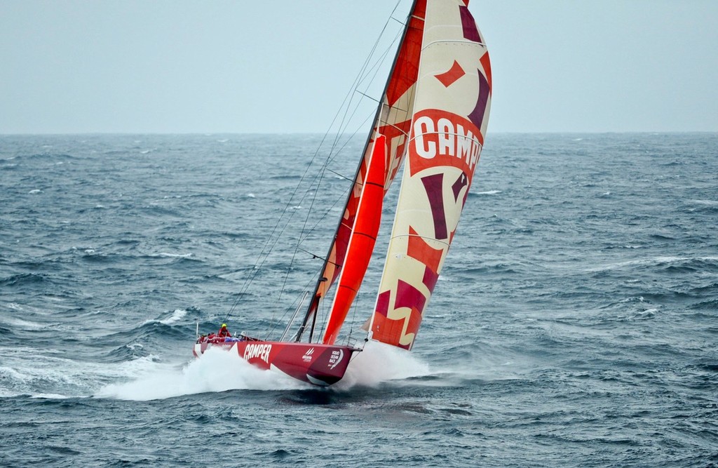 CAMPER with Emirates Team New Zealand, skippered by Chris Nicholson from Australia, in rough weather, on the approach to the finish of leg 8, from Lisbon, Portugal, to Lorient, France, during the Volvo Ocean Race 2011-12. (Credit: PAUL TODD/Volvo Ocean Race) photo copyright Paul Todd/Volvo Ocean Race http://www.volvooceanrace.com taken at  and featuring the  class