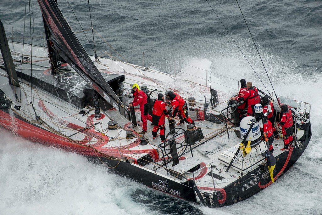 PUMA Ocean Racing powered by BERG, skippered by Ken Read from the USA, in tough seas, on the approach to the finish of leg 8, from Lisbon, Portugal, to Lorient, France, during the Volvo Ocean Race 2011-12. (Credit: PAUL TODD/Volvo Ocean Race) photo copyright Paul Todd/Volvo Ocean Race http://www.volvooceanrace.com taken at  and featuring the  class