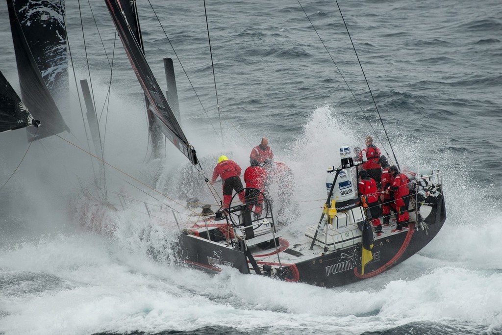 Puma in tough seas, on the approach to the finish of leg 8, from Lisbon, Portugal, to Lorient, France, during the Volvo Ocean Race 2011-12.  © Paul Todd/Volvo Ocean Race http://www.volvooceanrace.com