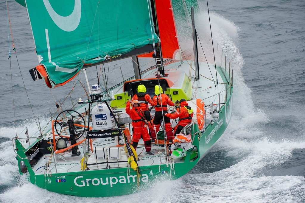 Race leaders Groupama Sailing Team, skippered by Franck Cammas from France, finish first on leg 8, from Lisbon, Portugal, to Lorient, France, during the Volvo Ocean Race 2011-12. (Credit: PAUL TODD/Volvo Ocean Race) photo copyright Paul Todd/Volvo Ocean Race http://www.volvooceanrace.com taken at  and featuring the  class