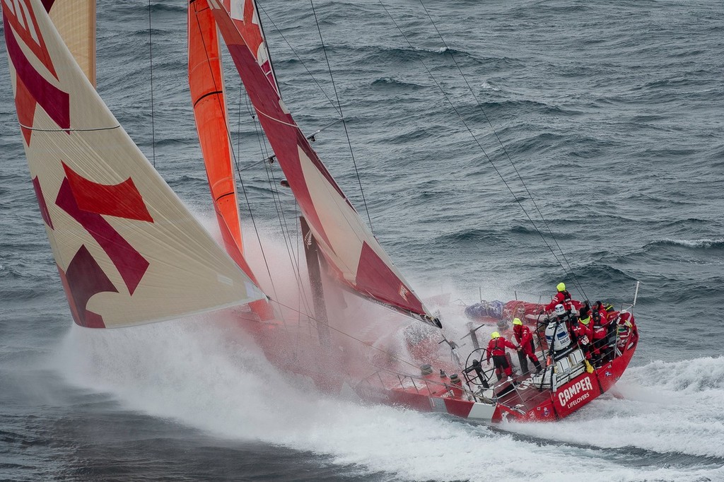 CAMPER with Emirates Team New Zealand, skippered by Chris Nicholson from Australia, in rough weather, on the approach to the finish of leg 8, from Lisbon, Portugal, to Lorient, France, during the Volvo Ocean Race 2011-12. (Credit: PAUL TODD/Volvo Ocean Race) photo copyright Paul Todd/Volvo Ocean Race http://www.volvooceanrace.com taken at  and featuring the  class