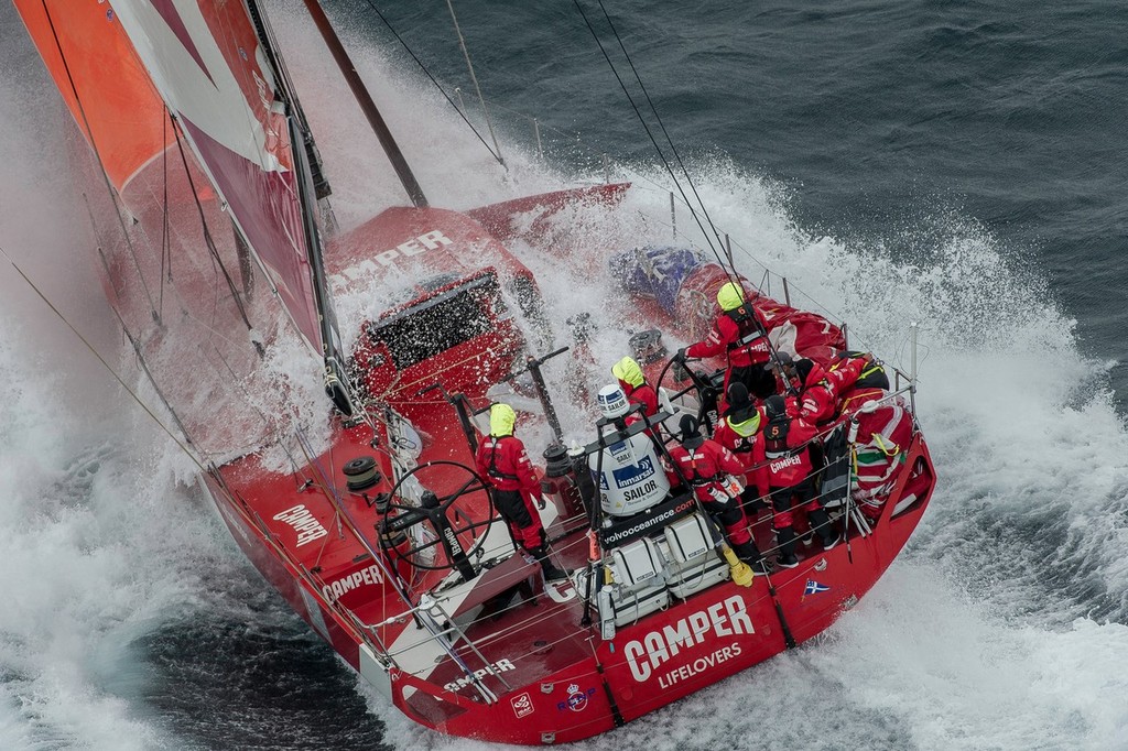 CAMPER with Emirates Team New Zealand, skippered by Chris Nicholson from Australia, in rough weather, on the approach to the finish of leg 8, from Lisbon, Portugal, to Lorient, France, during the Volvo Ocean Race 2011-12. (Credit: PAUL TODD/Volvo Ocean Race) photo copyright Paul Todd/Volvo Ocean Race http://www.volvooceanrace.com taken at  and featuring the  class