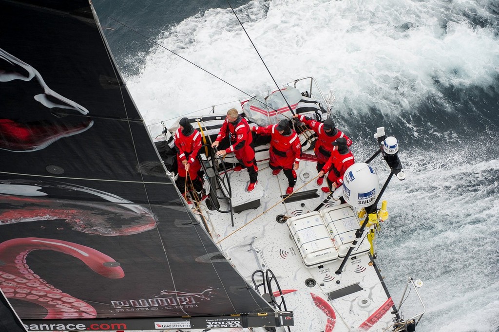 Puma Ocean Racing in tough seas, on the approach to the finish of leg 8, from Lisbon, Portugal, to Lorient, France, during the Volvo Ocean Race 2011-12.  © Paul Todd/Volvo Ocean Race http://www.volvooceanrace.com