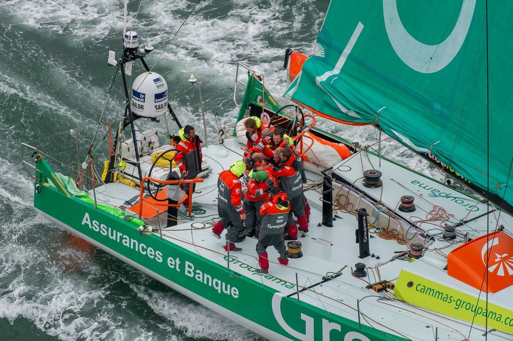 Race leaders Groupama Sailing Team celebrate finishing first on leg 8, from Lisbon, Portugal, to Lorient, France, during the Volvo Ocean Race 2011-12.  © Paul Todd/Volvo Ocean Race http://www.volvooceanrace.com