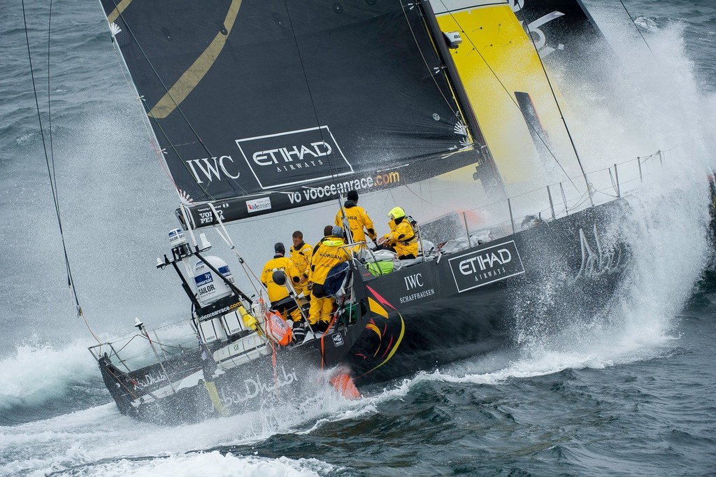 Abu Dhabi Ocean Racing, in rough weather, on the approach to the finish of leg 8, from Lisbon, Portugal, to Lorient, France, during the Volvo Ocean Race 2011-12.  © Paul Todd/Volvo Ocean Race http://www.volvooceanrace.com