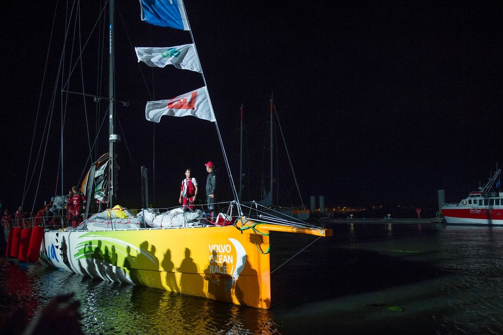 Team Sanya pull into the dock at the finish of leg 8, from Lisbon, Portugal, to Lorient, France, during the Volvo Ocean Race 2011-12.   © Paul Todd/Volvo Ocean Race http://www.volvooceanrace.com