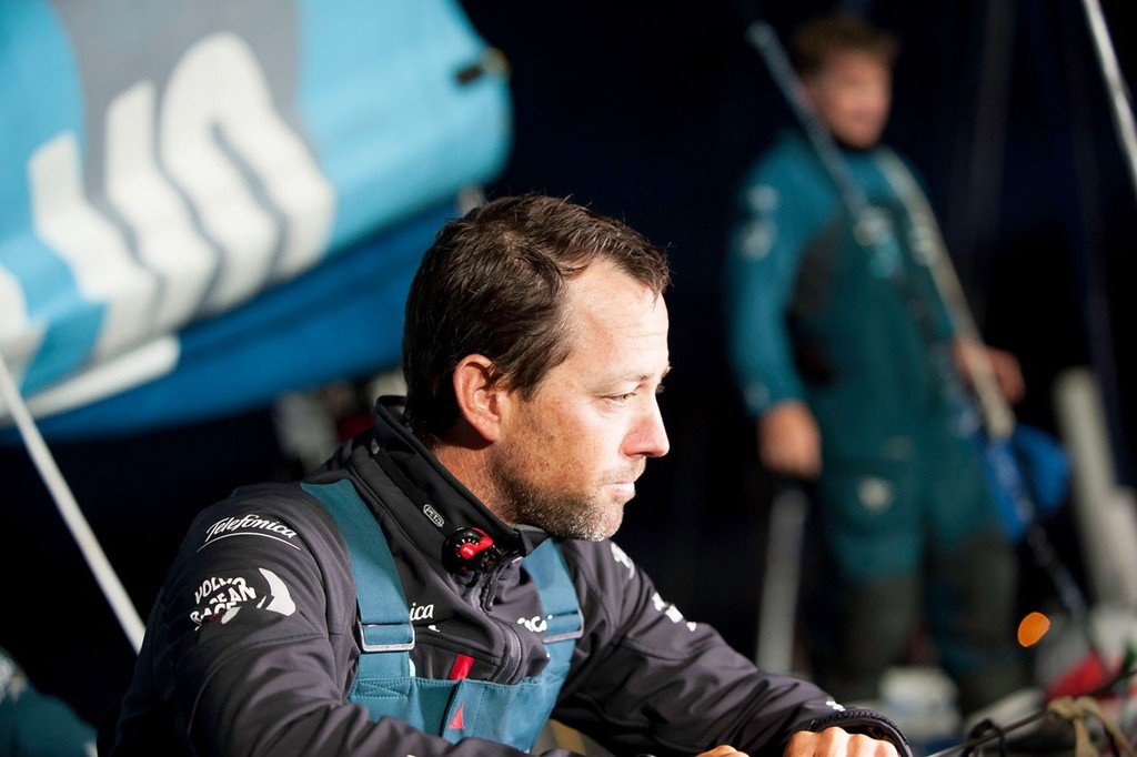 Team Telefonica, skippered by Iker Martinez from Spain pull into the dock at the finish of leg 8, from Lisbon, Portugal, to Lorient, France, during the Volvo Ocean Race 2011-12. photo copyright Paul Todd/Volvo Ocean Race http://www.volvooceanrace.com taken at  and featuring the  class