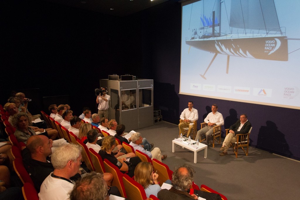 Patrick Shaughnessy, President of Farr Yacht Design, Knut Frostad, Volvo Ocean Race CEO and Yann Penfornis, Director of Multiplast. Volvo Ocean Race announces a new boat design that will be used in the next two editions of the Volvo Ocean Race. The new boat design from Farr Yacht Design was unveiled at a presentation in Lorient, the ninth host port of the 2011-12 edition of the race. (Credit: IAN ROMAN/Volvo Ocean Race) photo copyright Ian Roman/Volvo Ocean Race http://www.volvooceanrace.com taken at  and featuring the  class