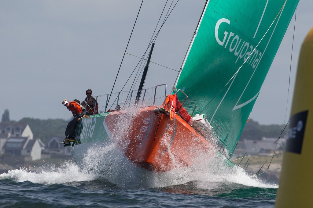 Groupama Sailing Team, approaching the rounding mark, in the Bretagne In-Port Race, in Lorient, France, during the Volvo Ocean Race 2011-12.  © Ian Roman/Volvo Ocean Race http://www.volvooceanrace.com