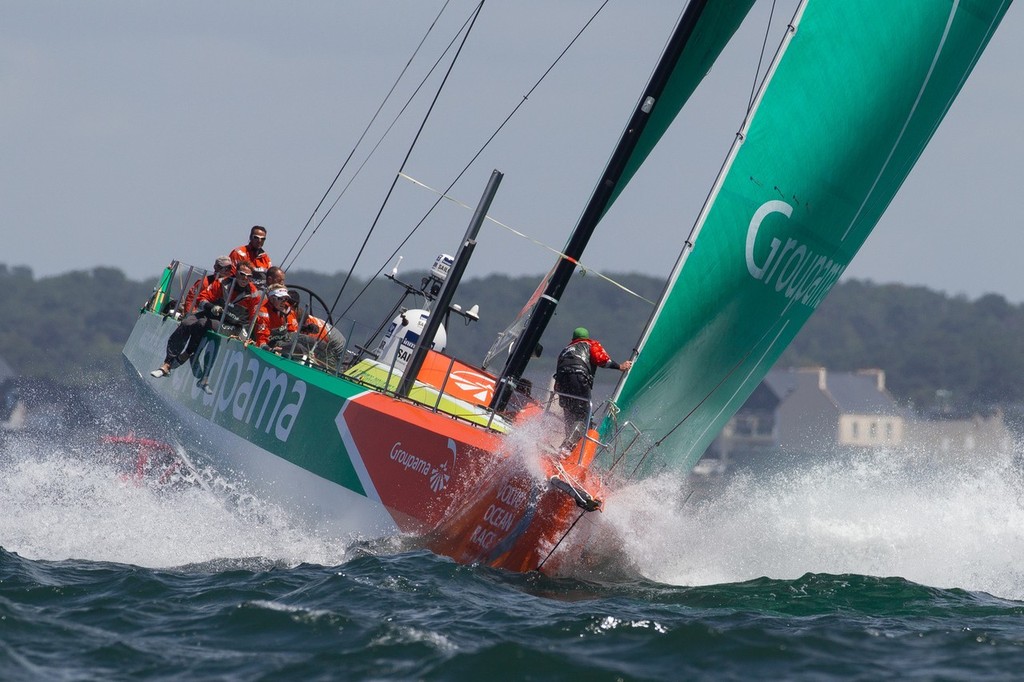 Groupama Sailing Team approaching the finish, to claim victory in the Bretagne In-Port Race, in Lorient, France, during the Volvo Ocean Race 2011-12.  © Ian Roman/Volvo Ocean Race http://www.volvooceanrace.com