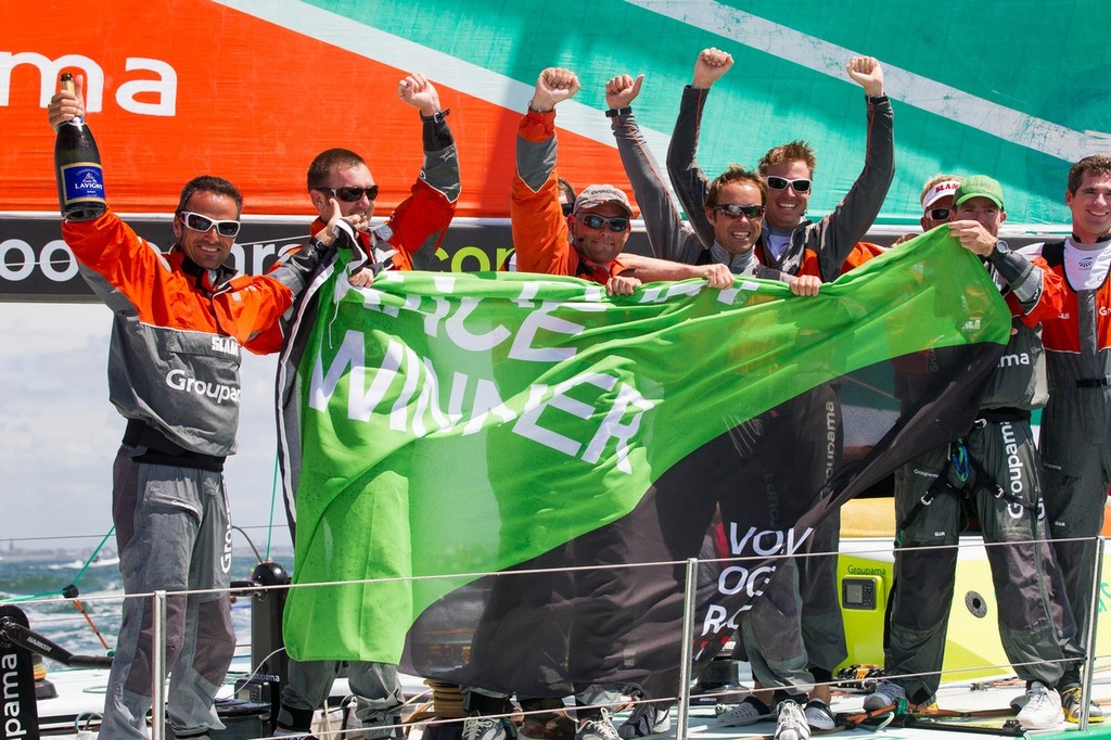 Groupama Sailing Team, skippered by Franck Cammas from France celebrate winning the Bretagne In-Port Race, in Lorient, France, during the Volvo Ocean Race 2011-12.  © Ian Roman/Volvo Ocean Race http://www.volvooceanrace.com