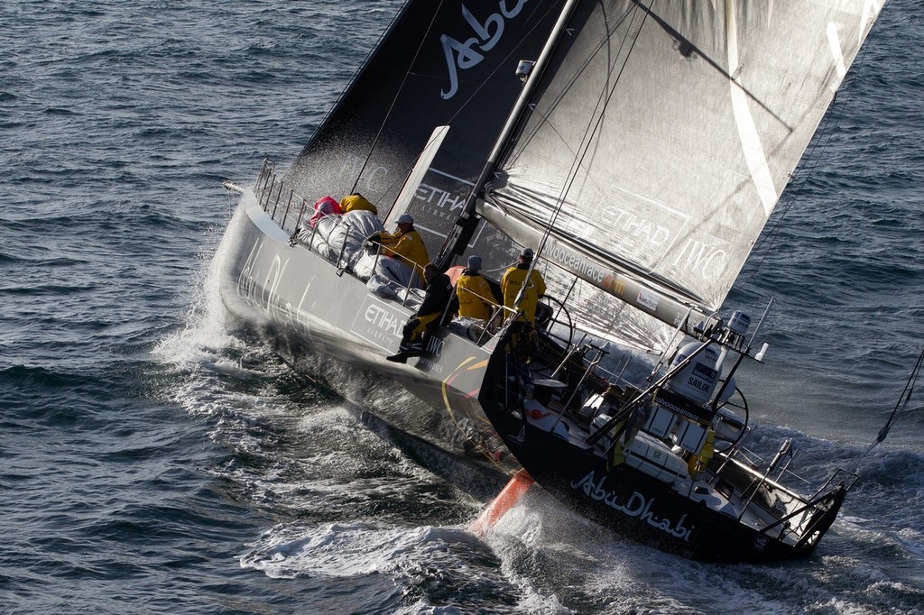 Abu Dhabi Ocean Racing, skippered by Ian Walker from the UK, with the stack up to the rail, at the start of leg 9 of the Volvo Ocean Race 2011-12, from Lorient, France to Galway, Ireland. (Credit: IAN ROMAN/Volvo Ocean Race) photo copyright Ian Roman/Volvo Ocean Race http://www.volvooceanrace.com taken at  and featuring the  class