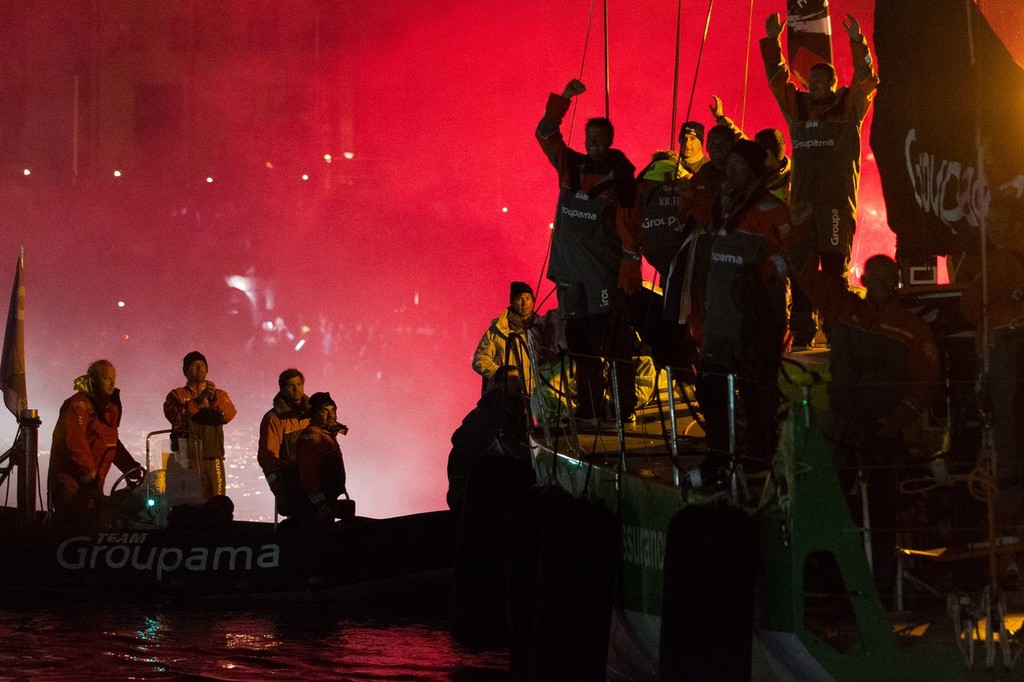 Groupama Sailing Team, skippered by Franck Cammas from France, celebrate winning the Volvo Ocean Race 2011-12, after finishing leg 9 from Lorient, France to Galway, Ireland. (Credit: IAN ROMAN/Volvo Ocean Race) photo copyright Ian Roman/Volvo Ocean Race http://www.volvooceanrace.com taken at  and featuring the  class