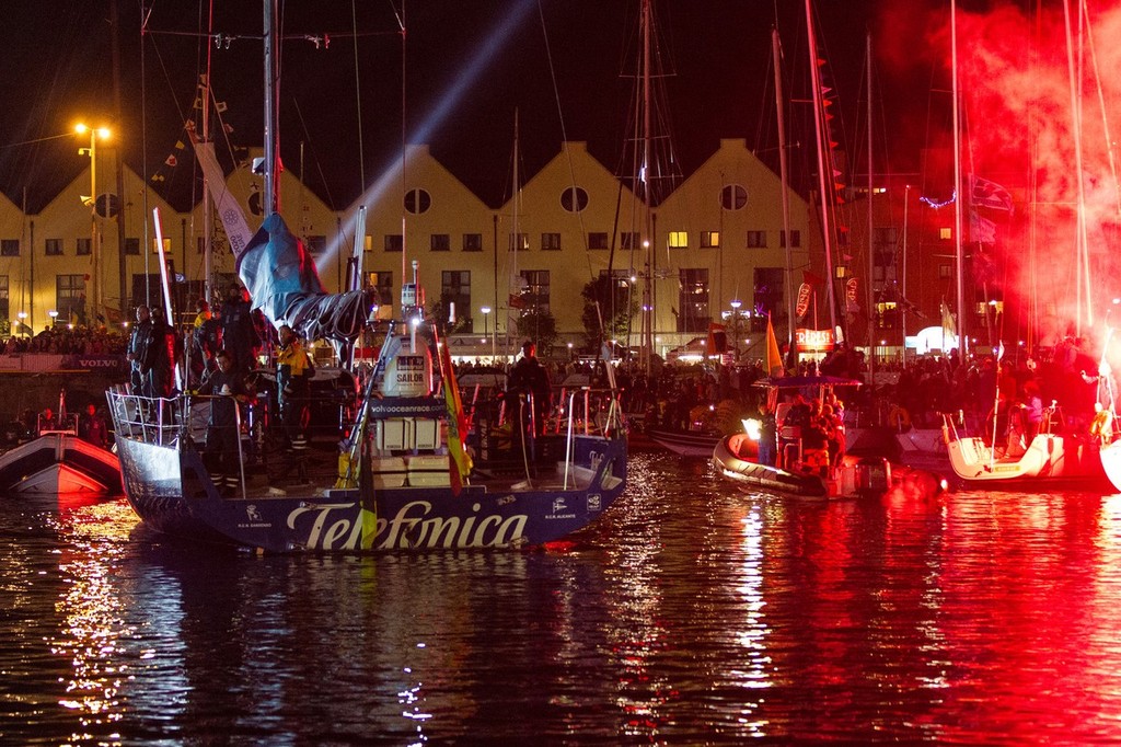 Team Telefonica, skippered by Iker Martinez from Spain, are greeted by huge crowds, after finishing leg 9 of the Volvo Ocean Race © Ian Roman/Volvo Ocean Race http://www.volvooceanrace.com