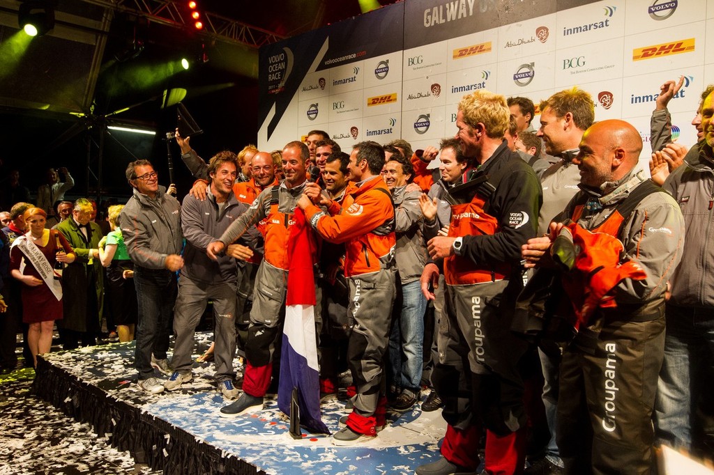Groupama Sailing Team, skippered by Franck Cammas from France, celebrate winning the Volvo Ocean Race 2011-12, after securing second place on leg 9 from Lorient, France to Galway, Ireland. (Credit: IAN ROMAN/Volvo Ocean Race) photo copyright Ian Roman/Volvo Ocean Race http://www.volvooceanrace.com taken at  and featuring the  class