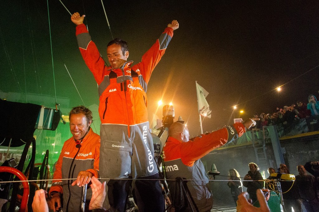 Groupama Sailing Team, skipper Franck Cammas from France, celebrates winning the Volvo Ocean Race 2011-12, after securing second place on leg 9 from Lorient, France to Galway, Ireland. (Credit: IAN ROMAN/Volvo Ocean Race) photo copyright Ian Roman/Volvo Ocean Race http://www.volvooceanrace.com taken at  and featuring the  class