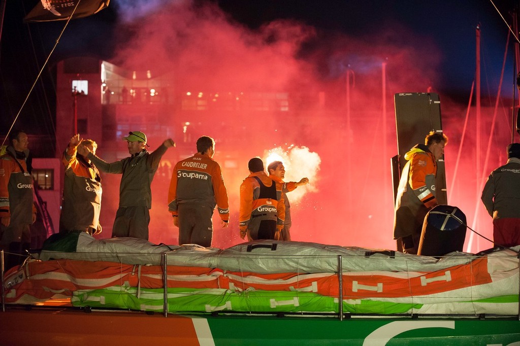 Groupama Sailing Team, skippered by Franck Cammas from France, arrive to a huge spectator crowd, winning the Volvo Ocean Race 2011-12 © Paul Todd/Volvo Ocean Race http://www.volvooceanrace.com
