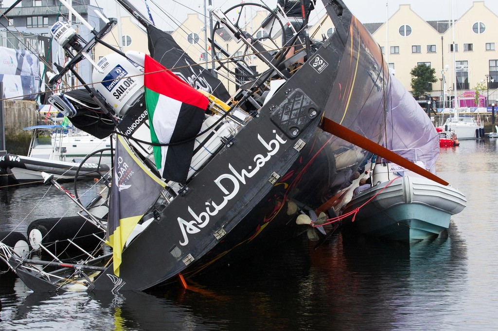Abu Dhabi Ocean Racing make repairs to their damaged keel fairing in the Volvo Ocean Race village, in Galway, Ireland, during the Volvo Ocean Race 2011-12.  © Ian Roman/Volvo Ocean Race http://www.volvooceanrace.com
