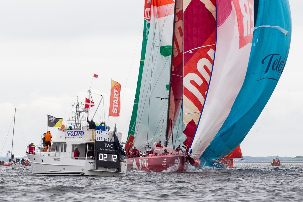 The fleet of Volvo Open 70’s get ready to cross the start line, for the Discover Ireland In-Port Race, in Galway, Ireland, during the Volvo Ocean Race 2011-12.  © Ian Roman/Volvo Ocean Race http://www.volvooceanrace.com