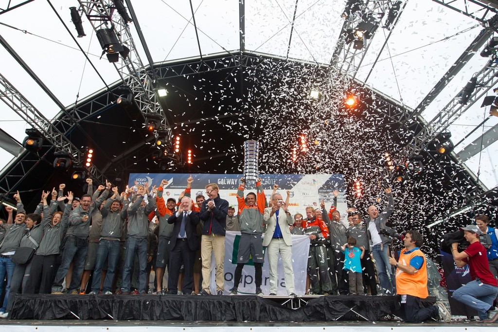 Olof Persson, CEO and President of Volvo Group and Stefan Jacoby, CEO and President of Volvo Car Corporation, present Groupama Sailing Team, skippered by Franck Cammas from France, with the Volvo Ocean Race for first place overall in the Volvo Ocean Race 2011-12, at the final public prize giving, in Galway, Ireland, during the Volvo Ocean Race 2011-12.  © Ian Roman/Volvo Ocean Race http://www.volvooceanrace.com