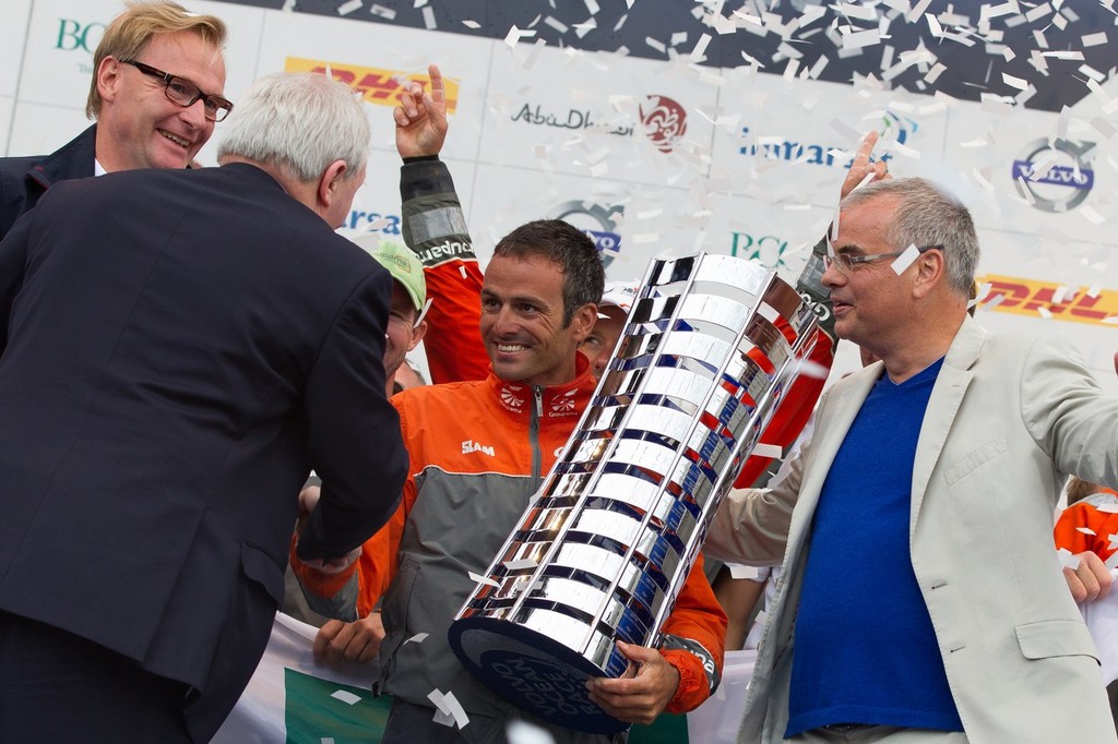 Olof Persson, CEO and President of Volvo Group and Stefan Jacoby, CEO and President of Volvo Car Corporation, present Groupama Sailing Team, skippered by Franck Cammas from France, with the Volvo Ocean Race for first place overall in the Volvo Ocean Race 2011-12, at the final public prize giving, in Galway, Ireland, during the Volvo Ocean Race 2011-12.  © Ian Roman/Volvo Ocean Race http://www.volvooceanrace.com