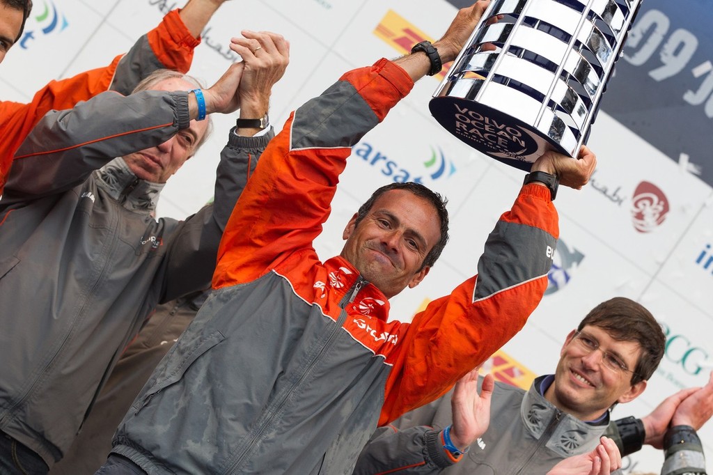 Groupama Sailing Team, skipper Franck Cammas from France, lifts the Volvo Ocean Race trophy, claiming first place overall in the Volvo Ocean Race 2011-12, at the final public prize giving, in Galway, Ireland, during the Volvo Ocean Race 2011-12.  © Ian Roman/Volvo Ocean Race http://www.volvooceanrace.com