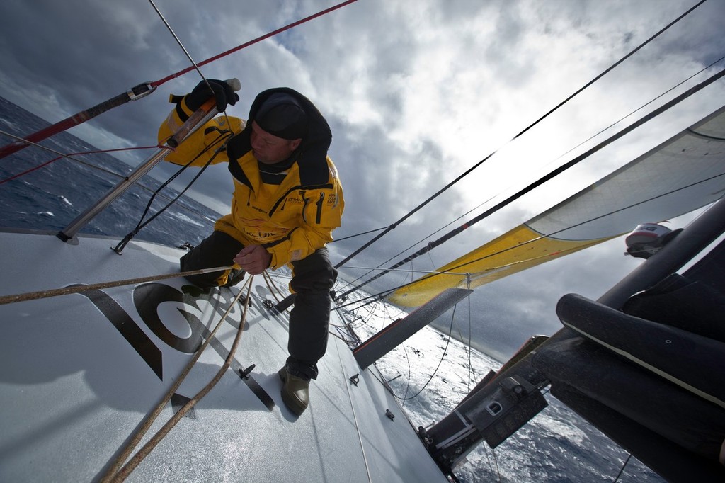 Anthony Nossiter preparing to check the delamination damage sustained to Abu Dhabi Ocean Racing during leg 5 of the Volvo Ocean Race 2011-12, from Auckland, New Zealand to Itajai, Brazil.  © Nick Dana/Abu Dhabi Ocean Racing /Volvo Ocean Race http://www.volvooceanrace.org