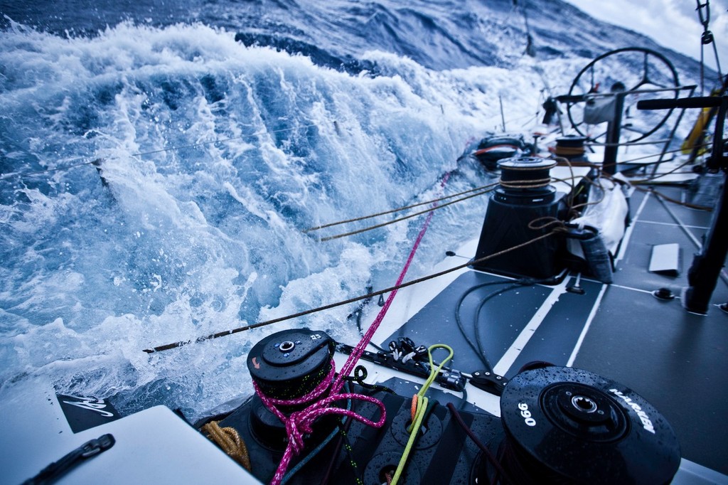 Azzam ’hove to’ for the repair work to the damaged hull, in the middle of the Southern Ocean. Abu Dhabi Ocean Racing during leg 5 of the Volvo Ocean Race 2011-12, from Auckland, New Zealand to Itajai, Brazil.  © Nick Dana/Abu Dhabi Ocean Racing /Volvo Ocean Race http://www.volvooceanrace.org