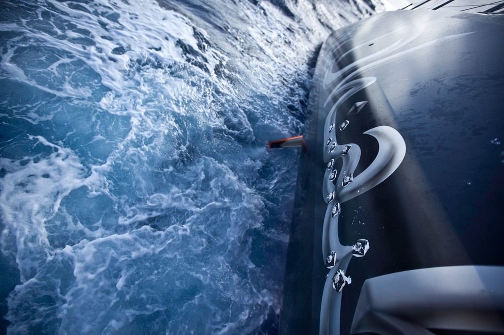 Abu Dhabi Ocean Racing’s Azzam with bolts screwed through the hull after sustaining delamination damage, during leg 5 of the Volvo Ocean Race 2011-12, from Auckland, New Zealand to Itajai, Brazil.  © Nick Dana/Abu Dhabi Ocean Racing /Volvo Ocean Race http://www.volvooceanrace.org
