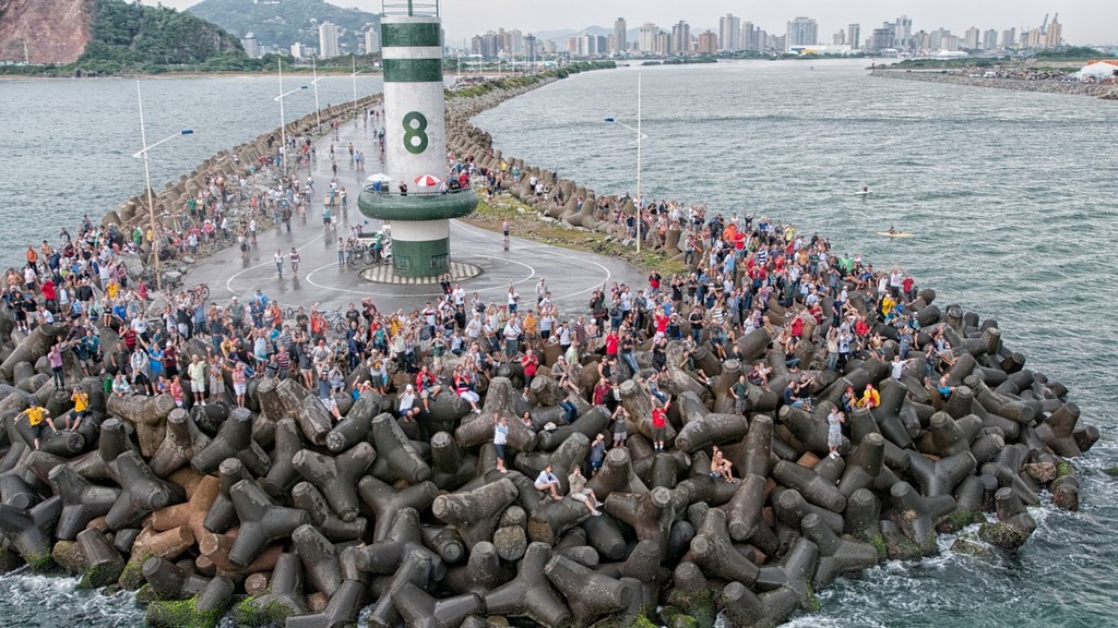 Spectators line the shore to watch the DHL In-Port Race Itajai, Brazil, in the Volvo Ocean Race 2011-12.  © Paul Todd/Volvo Ocean Race http://www.volvooceanrace.com