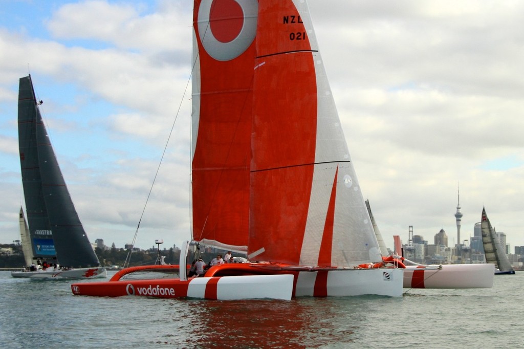 TeamVodafoneSailing followed by Beau Geste pictured at the start of the Evolution Sails Sail Noumea 2012 race © Richard Gladwell www.photosport.co.nz