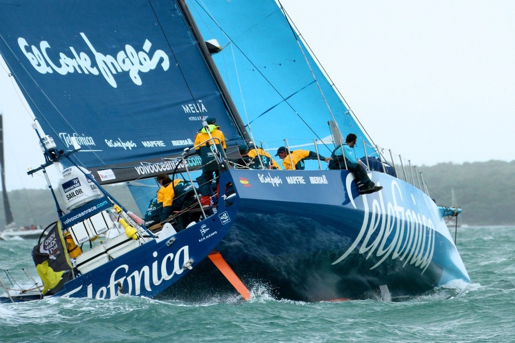 Telefonica exits the Waitemata - Volvo Ocean Race Auckland - Start March 18,2012 photo copyright Richard Gladwell www.photosport.co.nz taken at  and featuring the  class