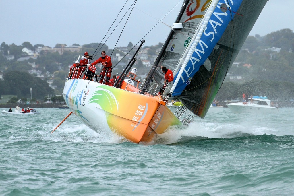 Team Sanya lines up for the first mark - Volvo Ocean Race Auckland - Start March 18,2012 photo copyright Richard Gladwell www.photosport.co.nz taken at  and featuring the  class