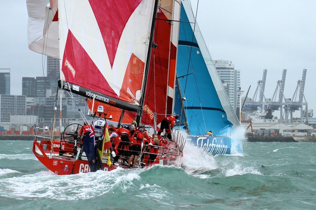 Camper heads back down the harbour with Telefonica ahead - Volvo Ocean Race Auckland - Start March 18,2012 photo copyright Richard Gladwell www.photosport.co.nz taken at  and featuring the  class