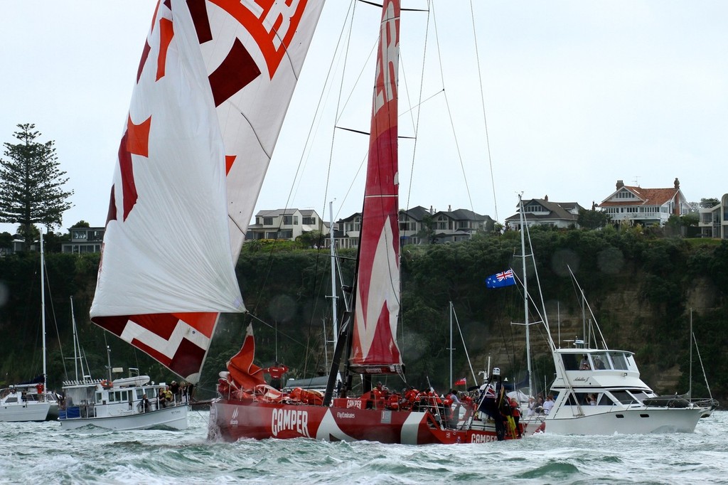 Camper gybes onat Stanley point and heads back to the southern side of the Waitemata - Volvo Ocean Race Auckland - Start March 18,2012 photo copyright Richard Gladwell www.photosport.co.nz taken at  and featuring the  class