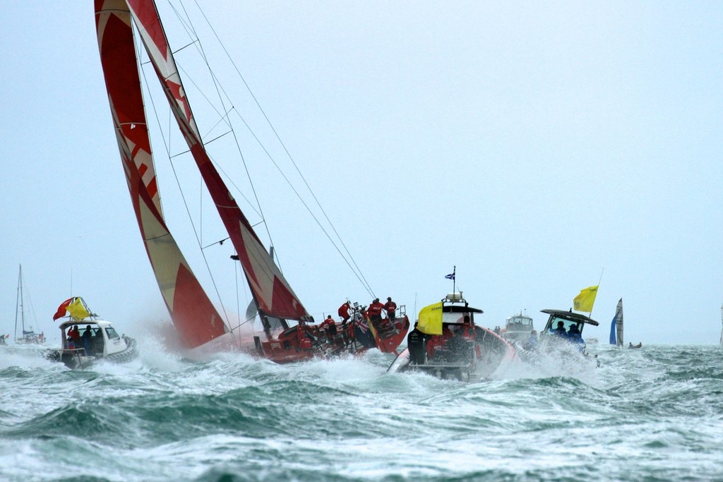 Camper heads for the Bays&rsquo; mark accompanied by her ever present spectator fleet - Volvo Ocean Race Auckland - Start March 18,2012 photo copyright Richard Gladwell www.photosport.co.nz taken at  and featuring the  class