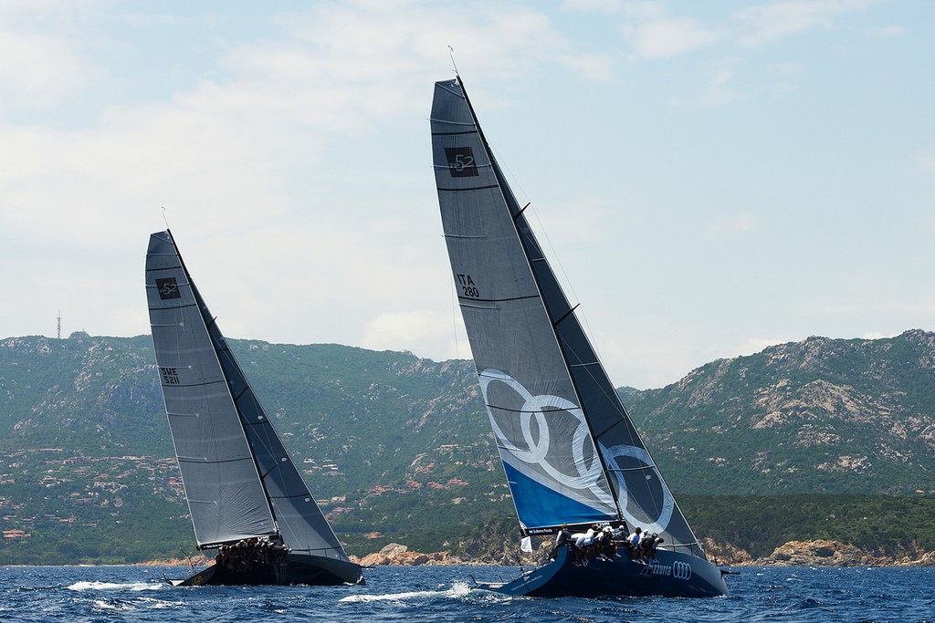 PORTO CERVO, ITALY. 2012. Audi Azzurra Sailing Team and Rán Racing in action during the free practice day in Audi Sardinia Cup on June 11, 2011 in Porto Cervo, Italy (photo by Xaume Olleros/52 Superseries) photo copyright Xaume Olleros / 52 Super Series taken at  and featuring the  class