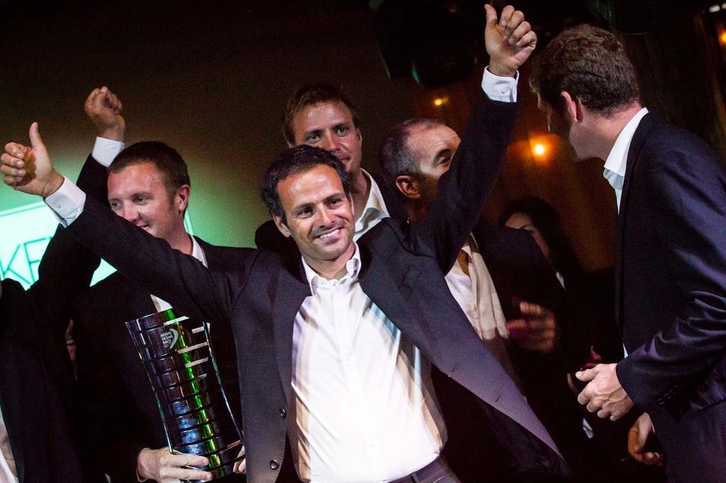 Groupama Sailing Team, skippered by Franck Cammas from France, win the award for 3rd place for leg 5 of the Volvo Ocean Race 2011-12, at the Prize Giving Ceremony in Itajai, Brazil. © Ian Roman/Volvo Ocean Race http://www.volvooceanrace.com