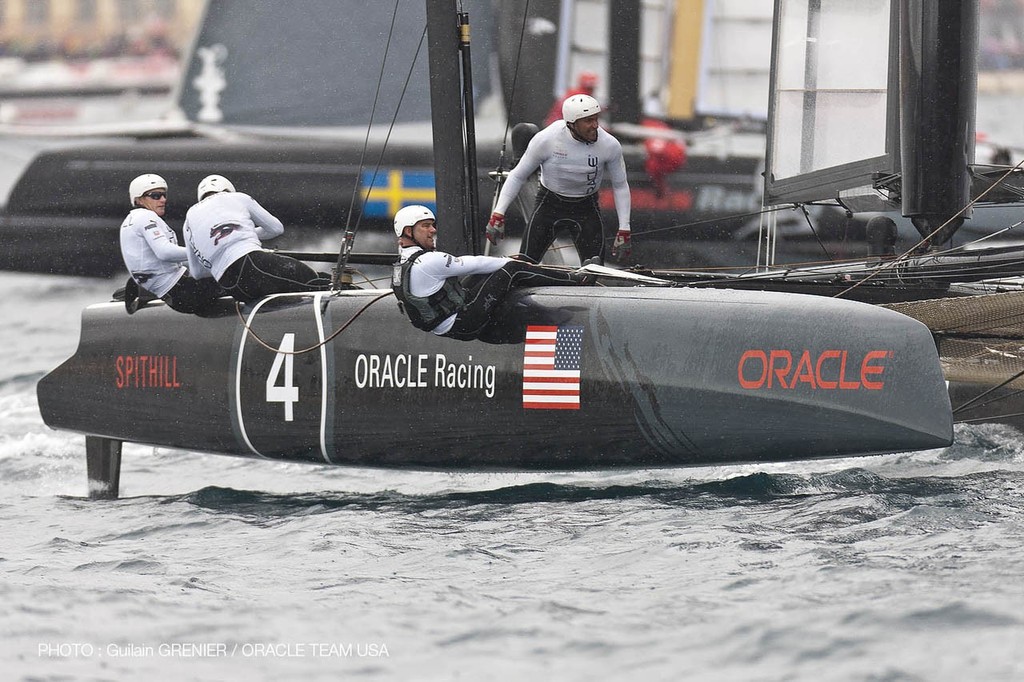 Oracle Racing competing in their AC 45 on the final race day of the ACWS Naples 2012. The AC72 will be almost 30ft longer, 30ft wider and with 11 crew instead of the 5 on the AC45 © Guilain Grenier Oracle Team USA http://www.oracleteamusamedia.com/