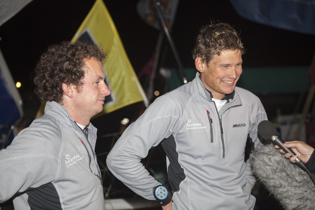 Nick Cherry and Henry Bomby are interviewed after a tough leg two of the Solitaire du Figaro. Cherry finished in 26th Bomby finished in 36th  © Alexis Courcoux