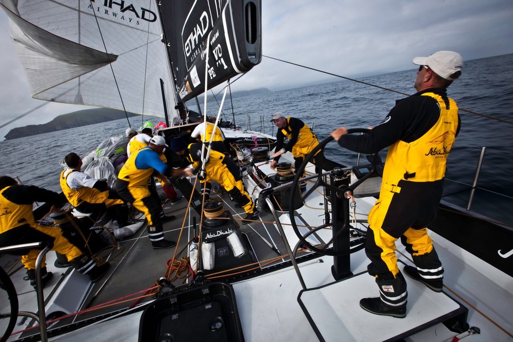 Ian Walker steers through one of the last offshore gybes of the Volvo Ocean Race 2011-12. © Nick Dana/Abu Dhabi Ocean Racing /Volvo Ocean Race http://www.volvooceanrace.org