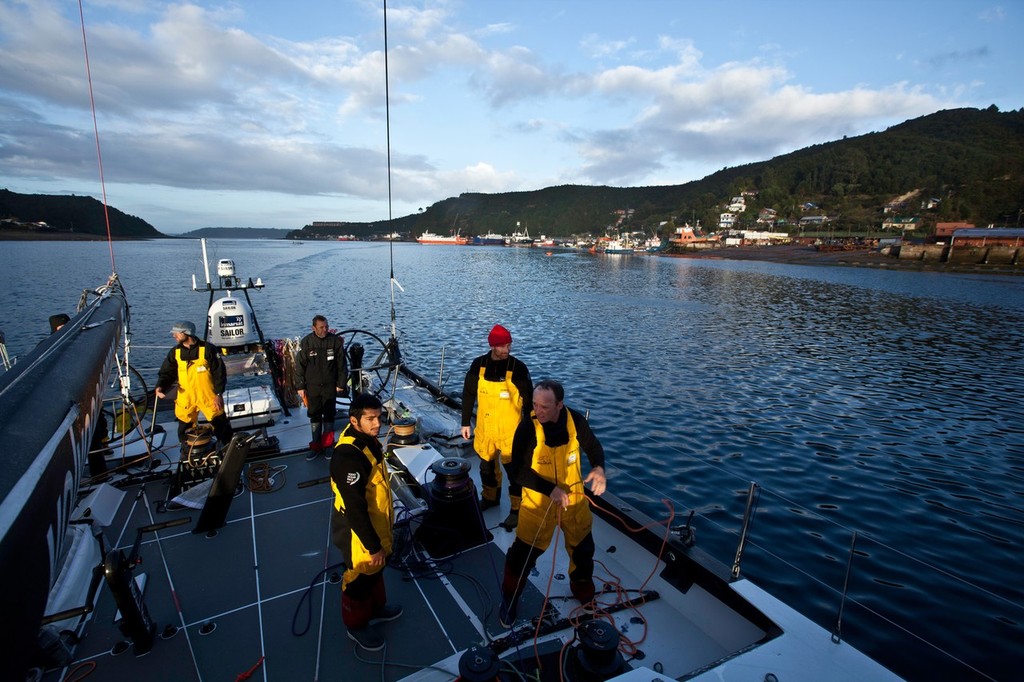 Abu Dhabi Ocean Racing, skippered by Ian Walker from the UK, arrives in Puerto Montt, Chile, during leg 5 of the Volvo Ocean Race 2011-12, where their Volvo Open 70 yacht 'Azzam' will be shipped to Itajai, Brazil. (Credit: Nick Dana/Abu Dhabi Ocean Racing/Volvo Ocean Race) photo copyright Nick Dana/Abu Dhabi Ocean Racing /Volvo Ocean Race http://www.volvooceanrace.org taken at  and featuring the  class