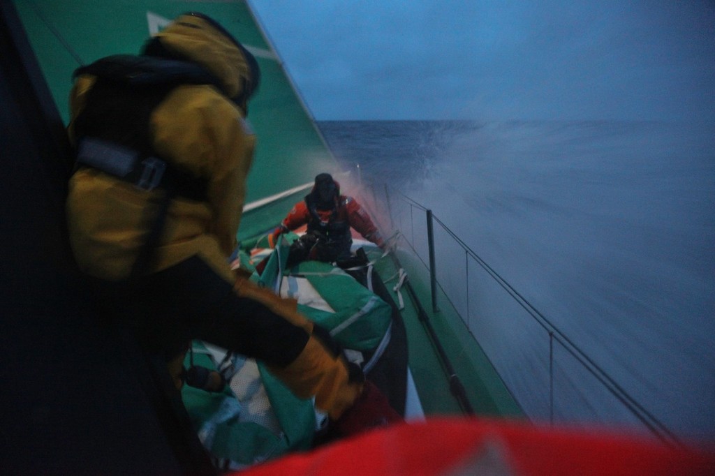 Martin Krite and Brad Marsh setting up the J4 during high speed sailing onboard Groupama Sailing Team during leg 5 of the Volvo Ocean Race 2011-12, from Auckland, New Zealand to Itajai, Brazil. (Credit: Yann Riou/Groupama Sailing Team/Volvo Ocean Race) - Volvo Ocean Race, Leg 5, 20 March 2012 photo copyright Yann Riou/Groupama Sailing Team /Volvo Ocean Race http://www.cammas-groupama.com/ taken at  and featuring the  class