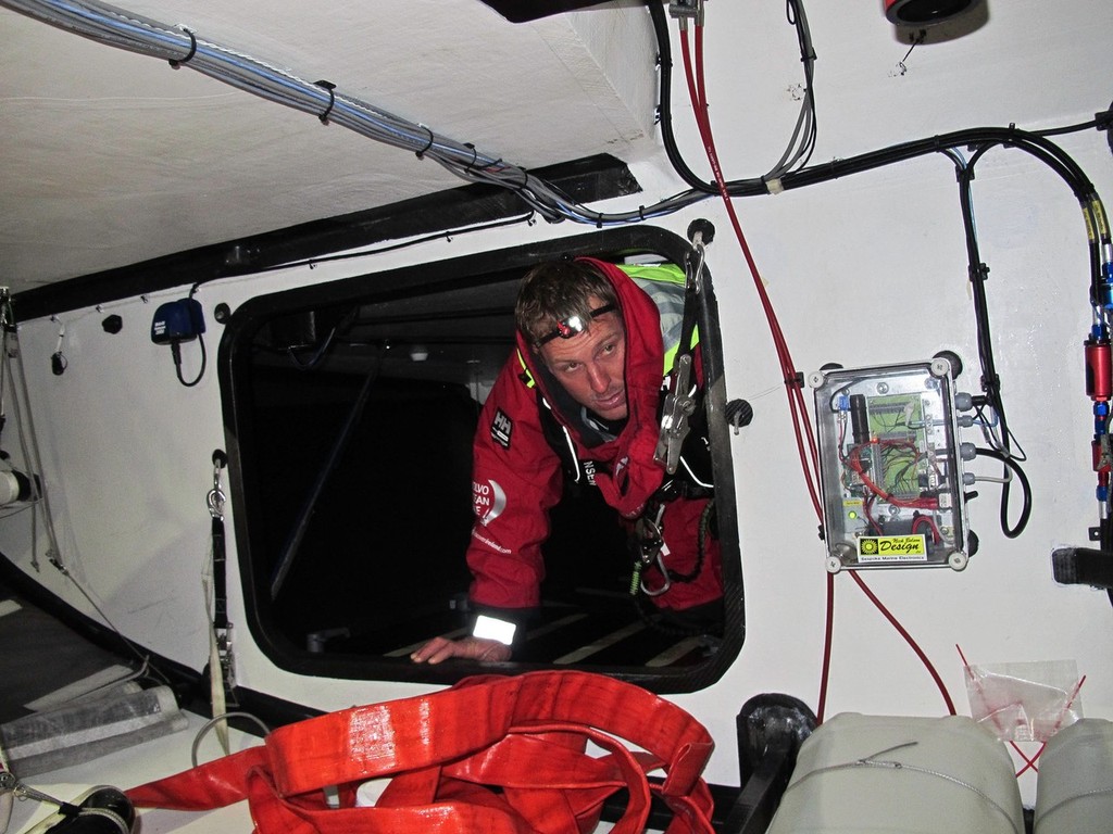 David Swete checks for leaking onboard Team Sanya during leg 5 of the Volvo Ocean Race 2011-12, from Auckland, New Zealand to Itajai, Brazil. (Credit: Andres Soriano/Team Sanya/Volvo Ocean Race) photo copyright Andres Soriano/Team Sanya/Volvo Ocean Race taken at  and featuring the  class